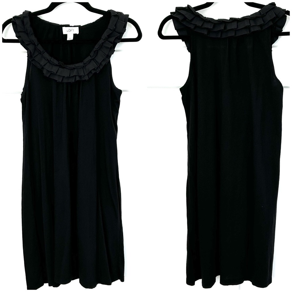 ANN TAYLOR LOFT Women’s Black Shift Tunic Dress Ruffled Scoop Neck Sleeveless XS